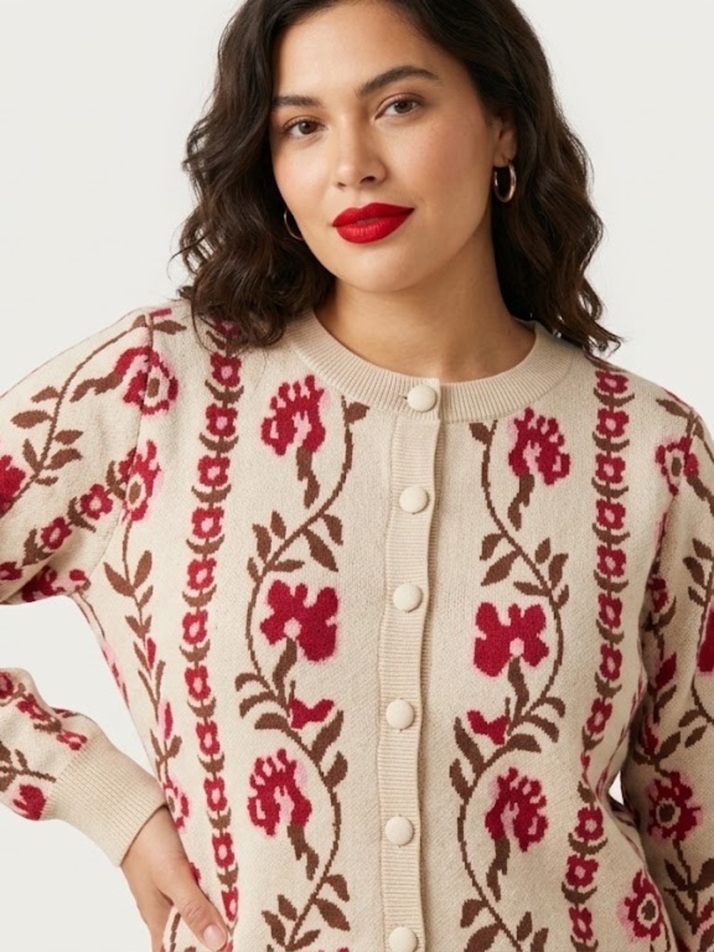 Willow & Wind Cream Floral Knit Button-Front Cardigan